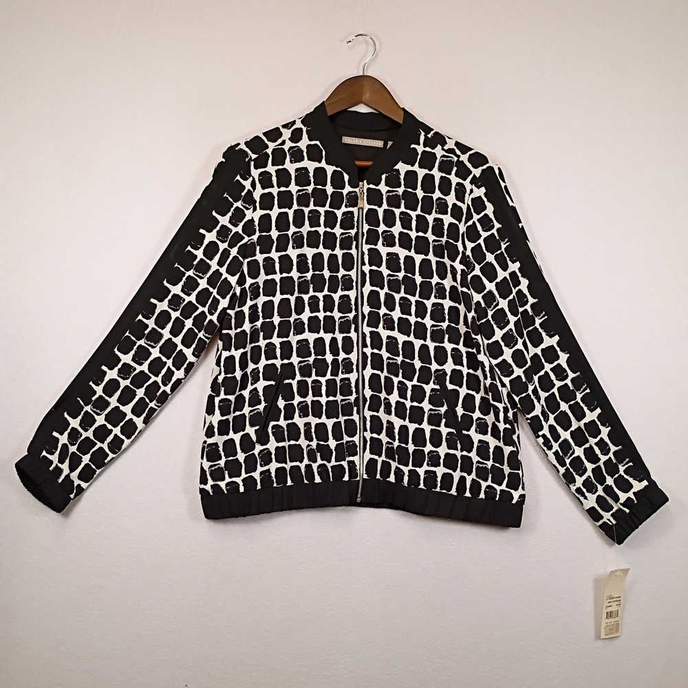 Modern Graphic Valerie Stevens Womens Size Medium Black White Grid Bomber Jacket